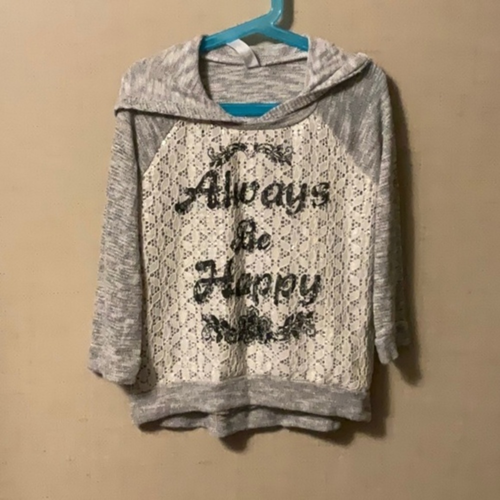 Knitworks Gray and White Polka Dot Hoodie Always Be Happy